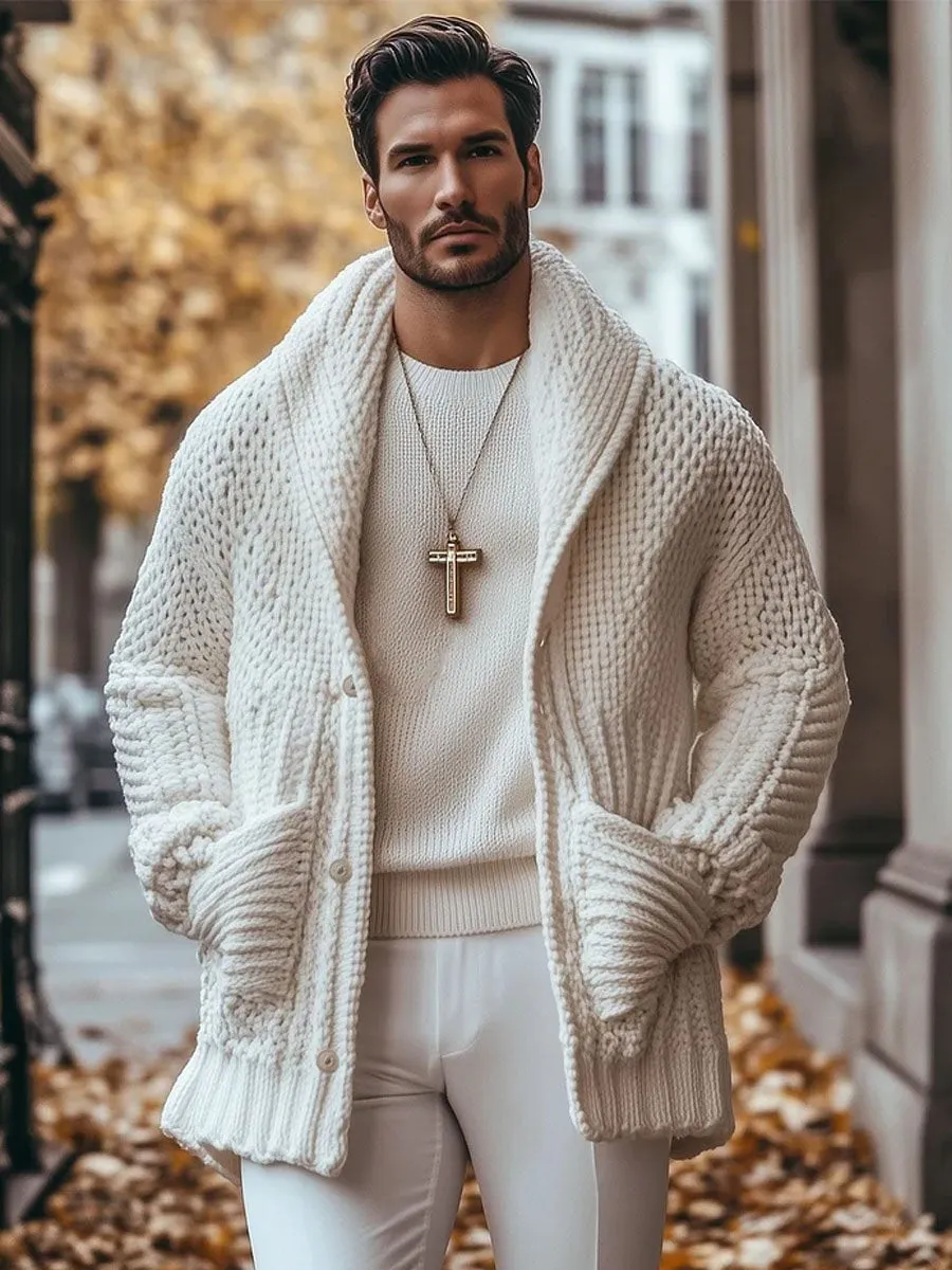 【24-hour shipping】Men's Solid Color Lapel Single-Breasted Double-Pocket Warm Knitted Cardigan