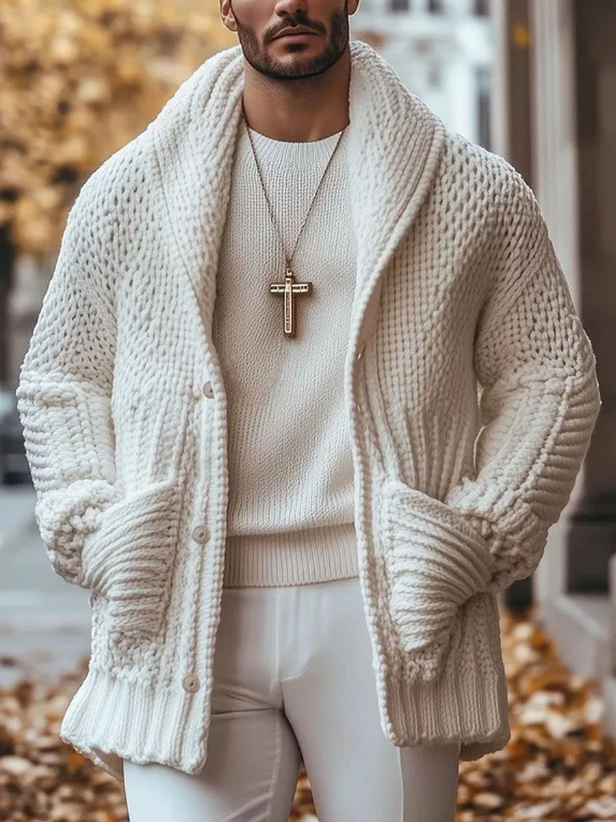 【24-hour shipping】Men's Solid Color Lapel Single-Breasted Double-Pocket Warm Knitted Cardigan