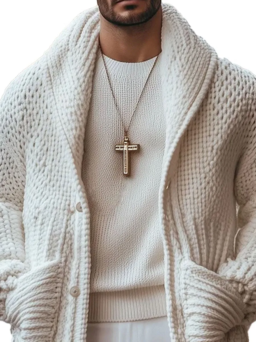 【24-hour shipping】Men's Solid Color Lapel Single-Breasted Double-Pocket Warm Knitted Cardigan