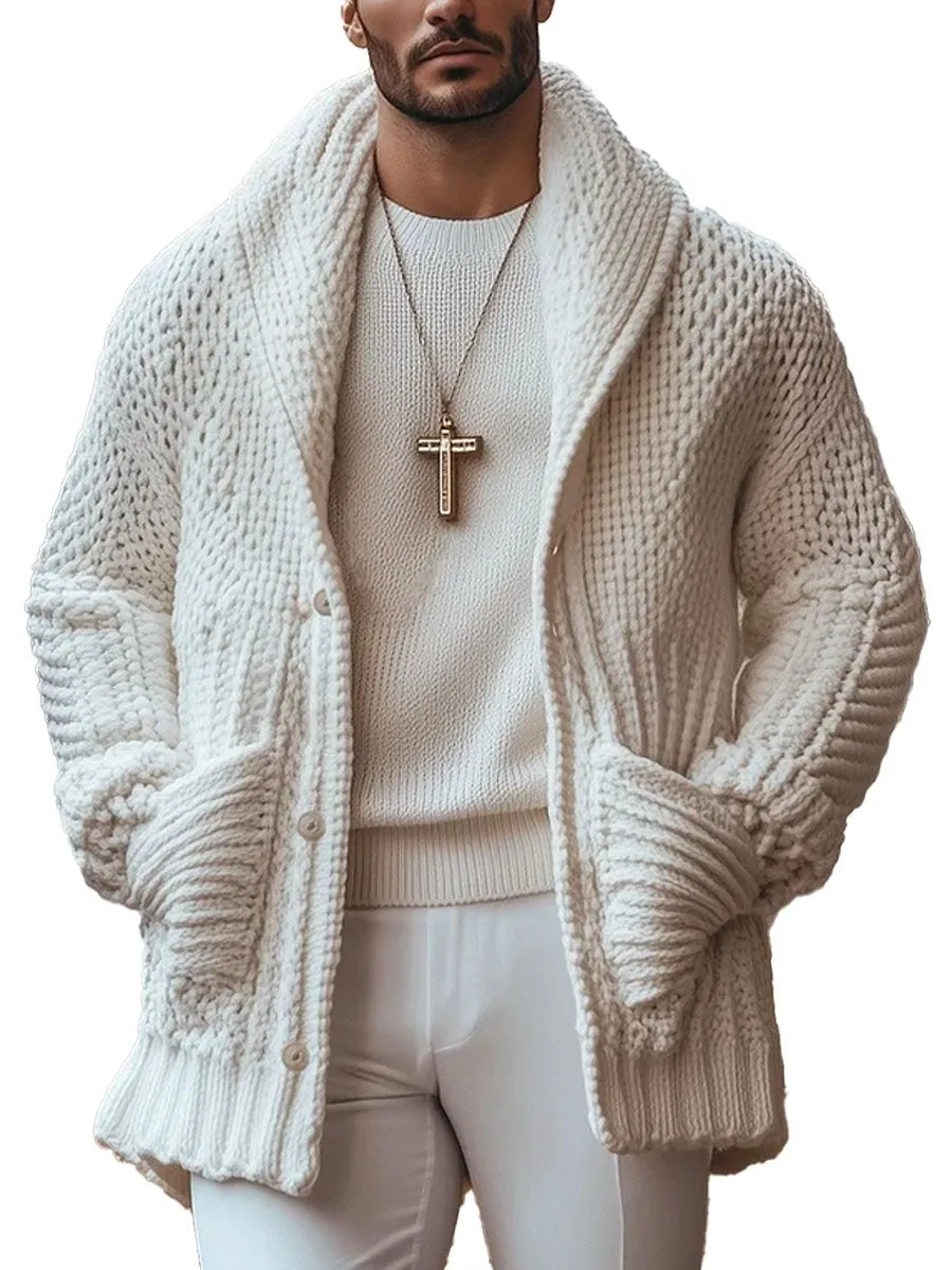 【24-hour shipping】Men's Solid Color Lapel Single-Breasted Double-Pocket Warm Knitted Cardigan