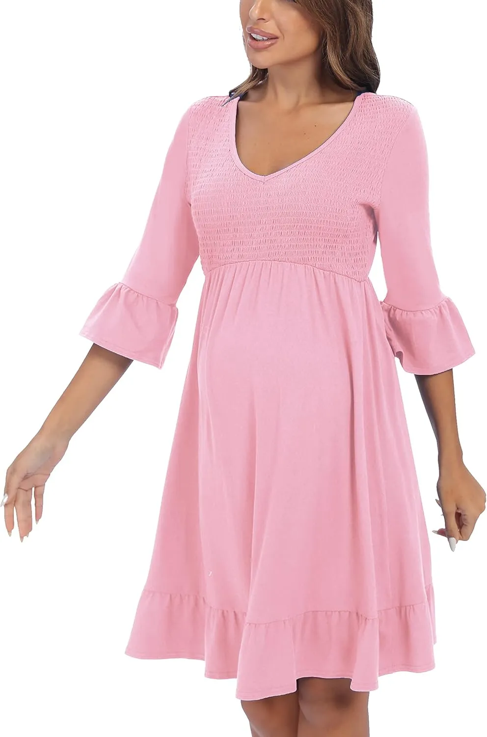 3/4 Sleeve Maternity Dress, V Neck Fall Casual Smocked Flowy Midi Dress for Baby Shower Photoshoot