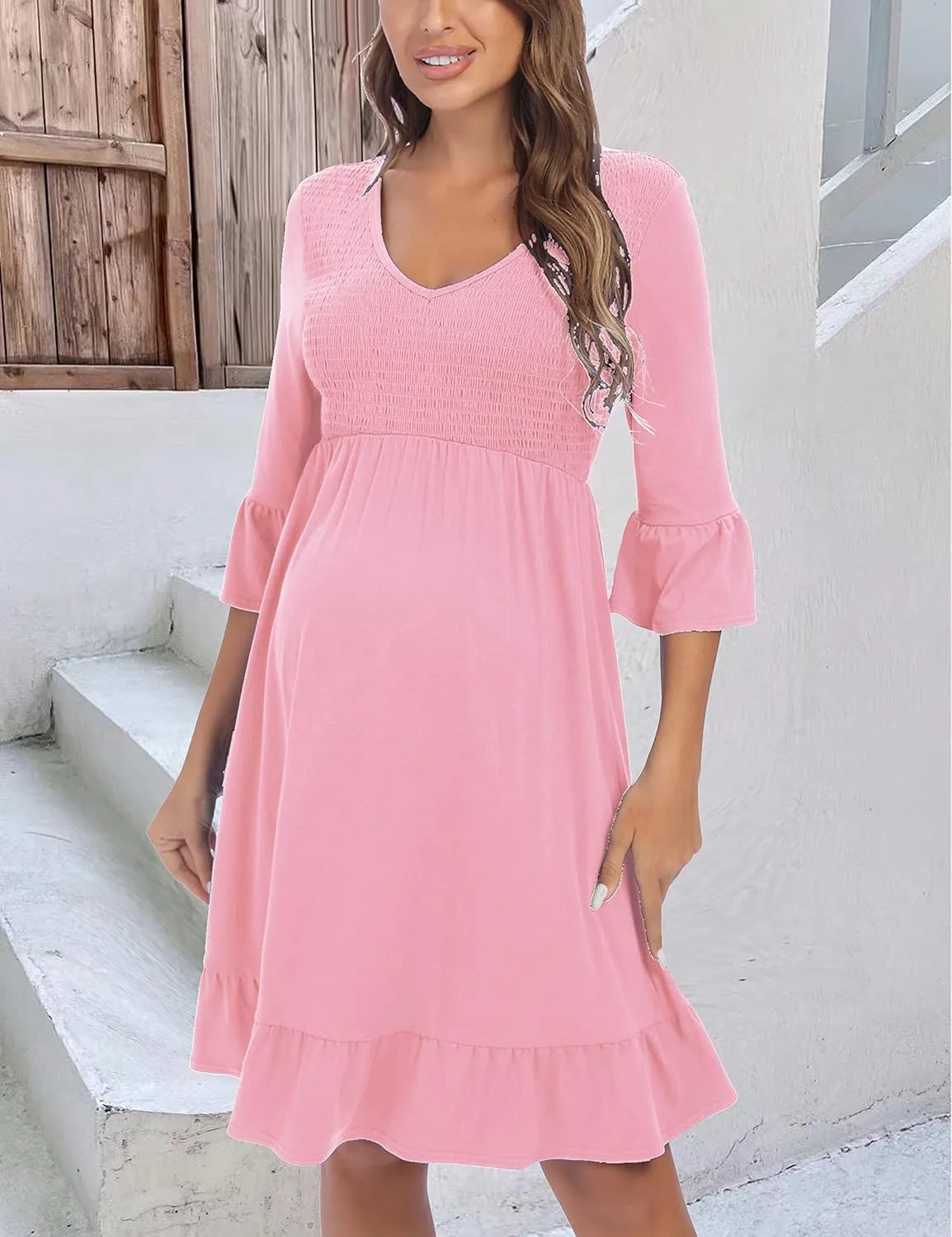 3/4 Sleeve Maternity Dress, V Neck Fall Casual Smocked Flowy Midi Dress for Baby Shower Photoshoot