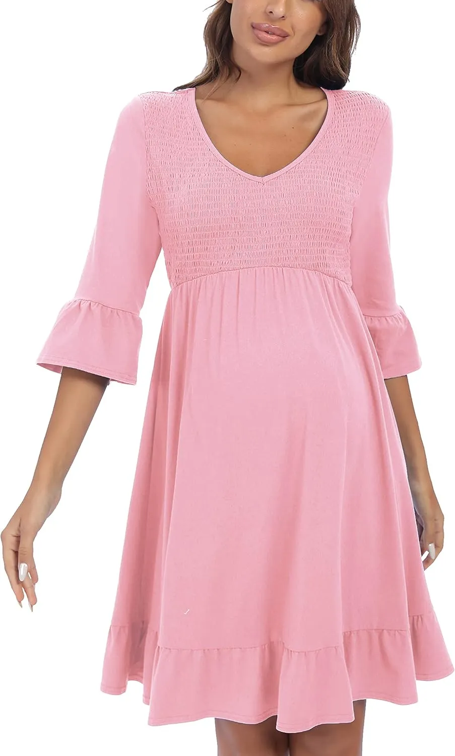 3/4 Sleeve Maternity Dress, V Neck Fall Casual Smocked Flowy Midi Dress for Baby Shower Photoshoot