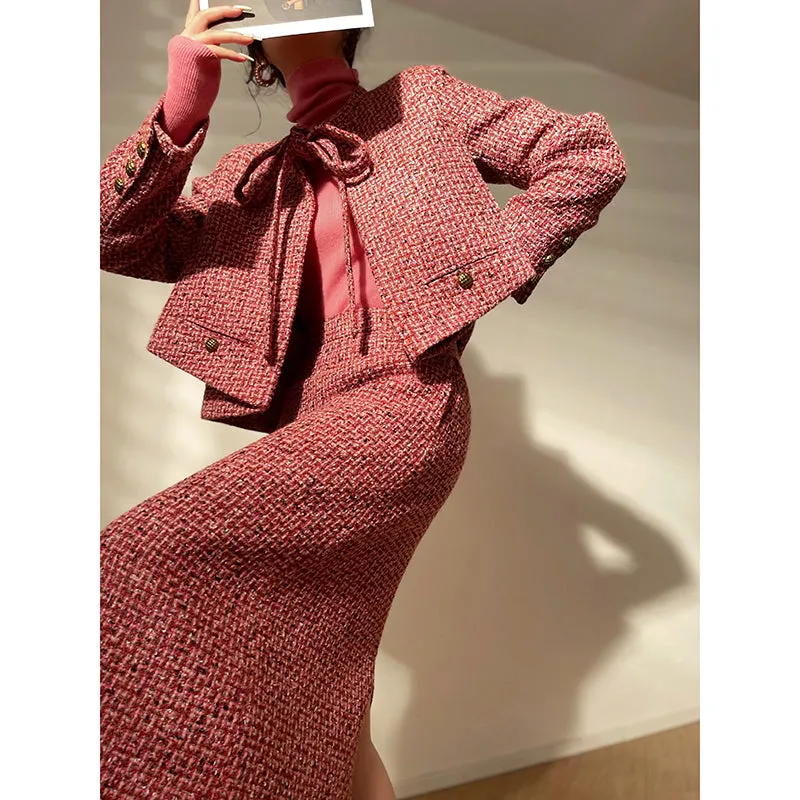 Aconiconi｜ bright  autumn and winter elegant design jacket Skirt - Rose tea
