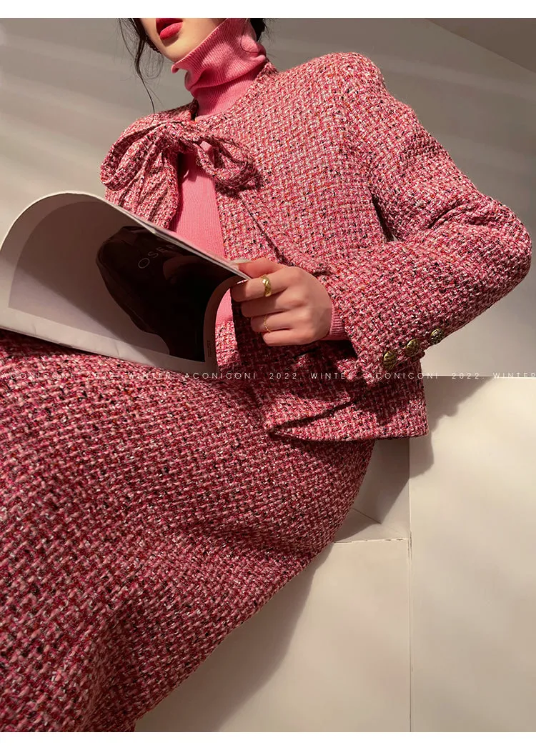 Aconiconi｜ bright  autumn and winter elegant design jacket Skirt - Rose tea