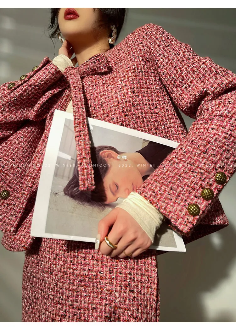Aconiconi｜ bright  autumn and winter elegant design jacket Skirt - Rose tea