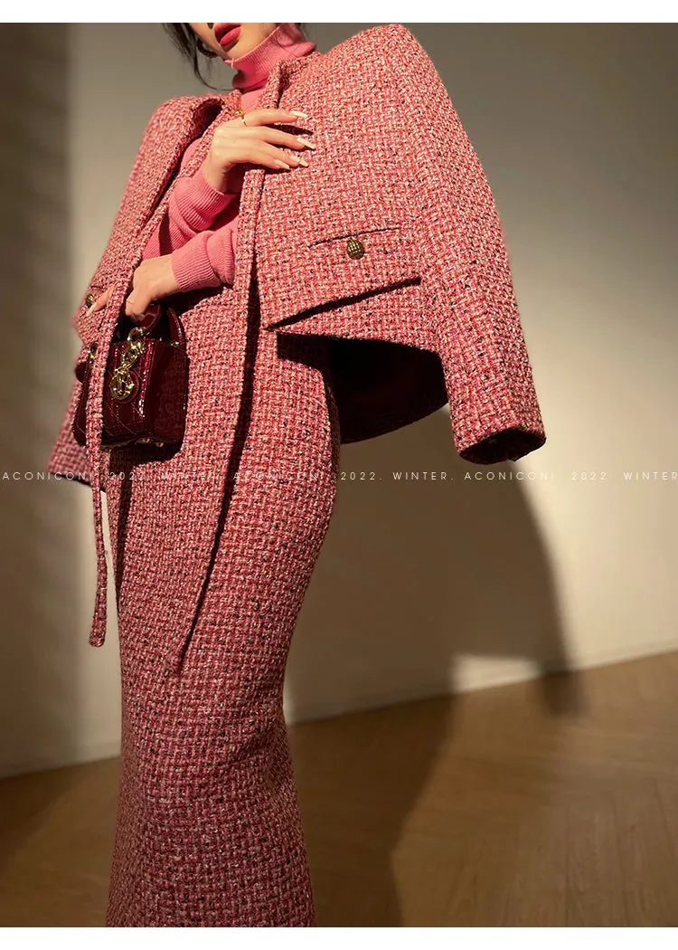 Aconiconi｜ bright  autumn and winter elegant design jacket Skirt - Rose tea