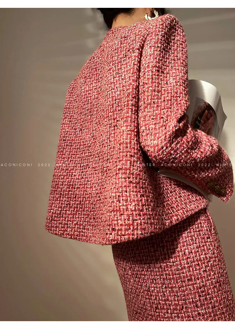 Aconiconi｜ bright  autumn and winter elegant design jacket Skirt - Rose tea