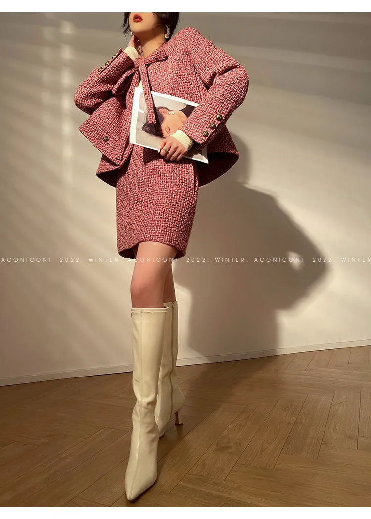 Aconiconi｜ bright  autumn and winter elegant design jacket Skirt - Rose tea
