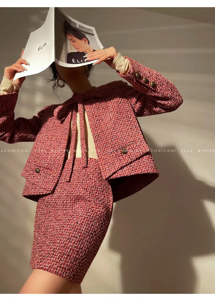 Aconiconi｜ bright  autumn and winter elegant design jacket Skirt - Rose tea