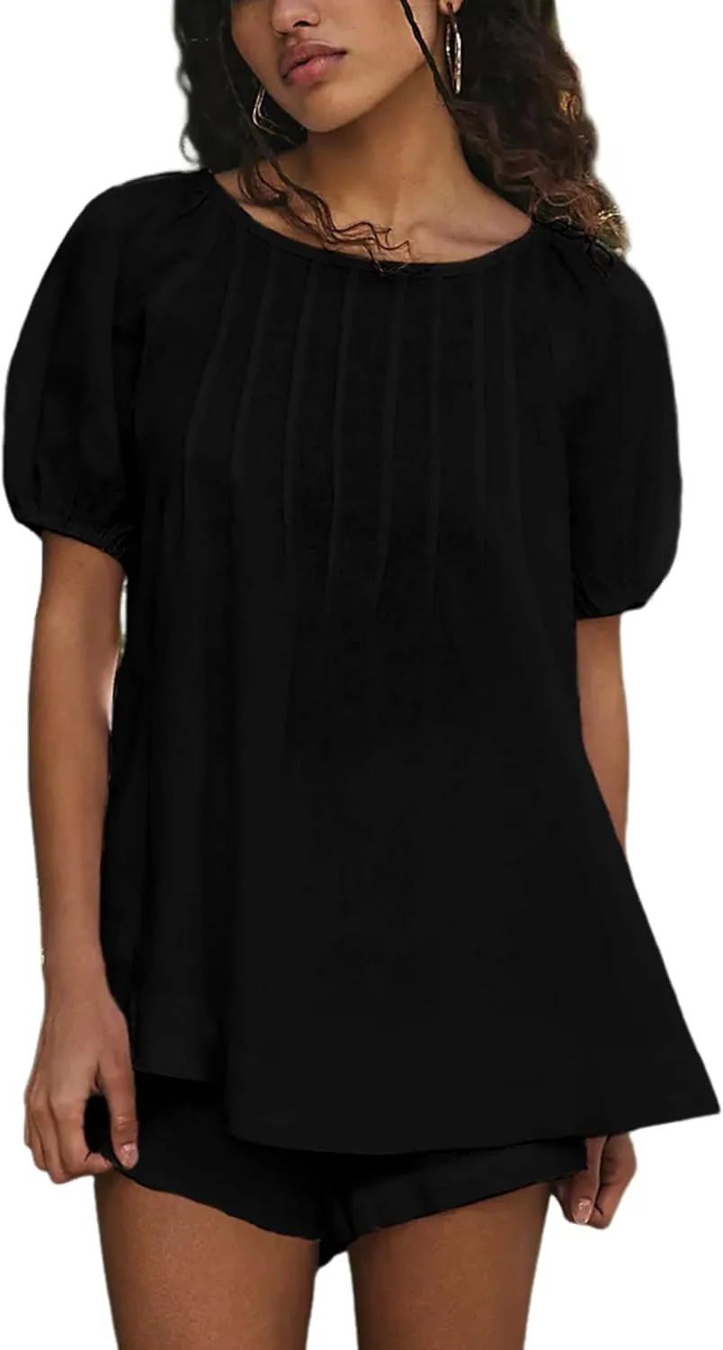 Bianstore Women's Casual Pleated Swing Tee Shirts Loose Babydoll Peplum Tunic Tops(Black-S)