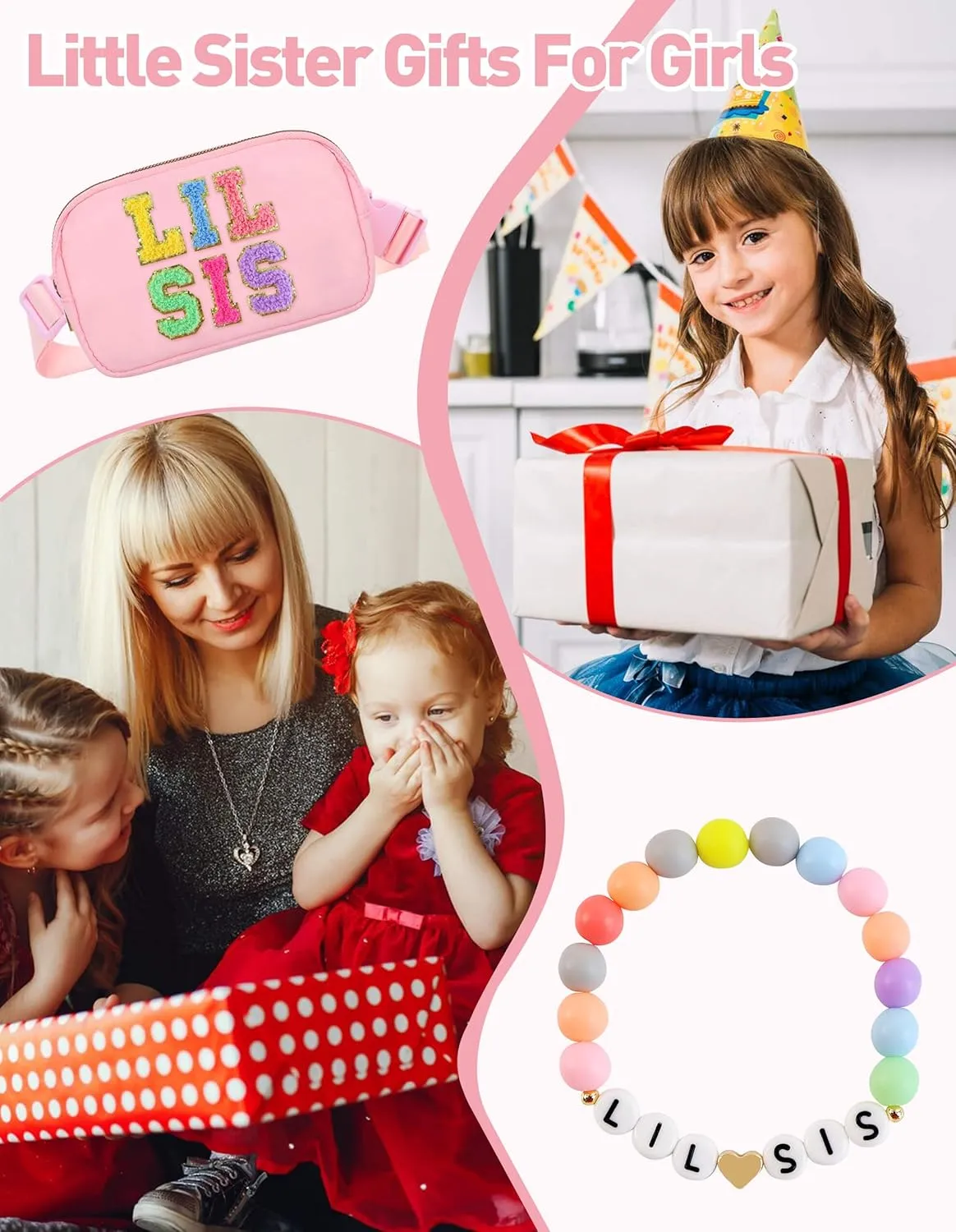 Big Sister Gifts For Girls, Big Sister Fanny Pack With Bracelet, Belt Bag For Girls Teens Kids, Personalized Christmas Birthday Gifts For Daughter Crossbody Bag Purse, Pink, Small, Lil Sis