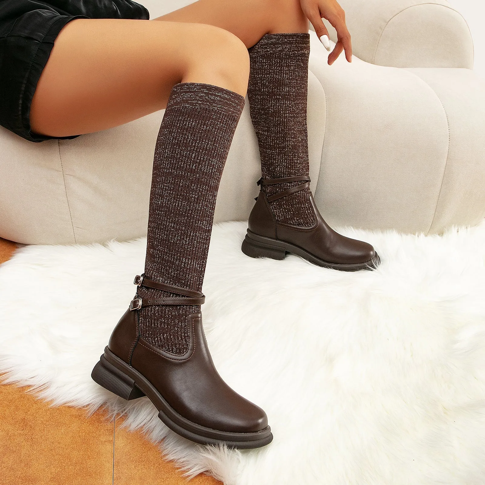 binfenxie- Women Double Strap Decor High Boots