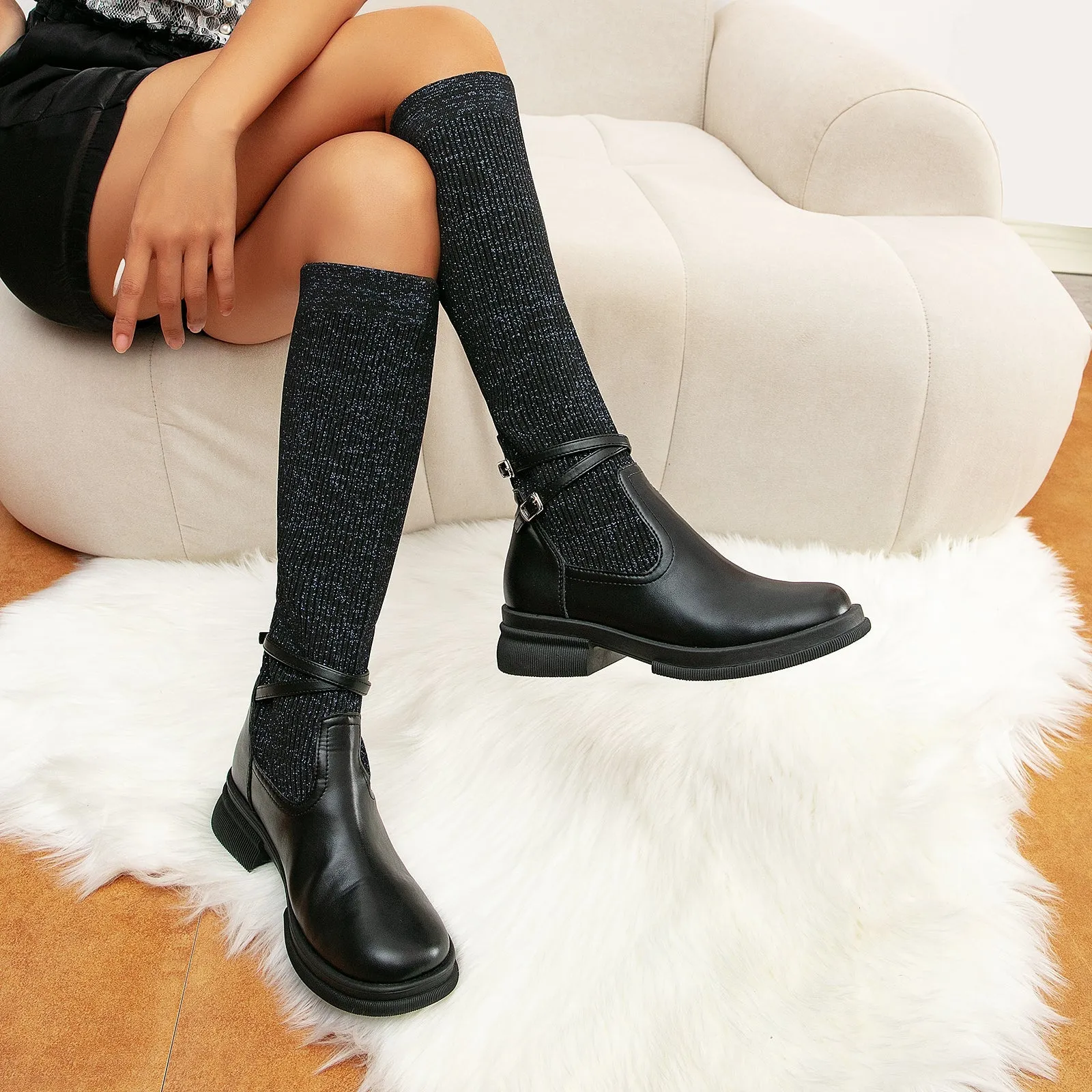binfenxie- Women Double Strap Decor High Boots