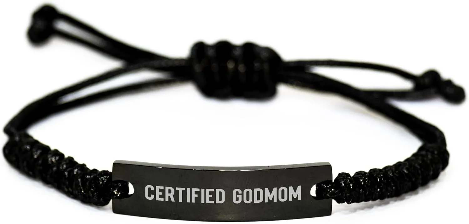 Certified Godmom Gifts: Funny Inspirational Rope Bracelet with Black Stainless Steel Engraving, Perfect Christmas Unique Gifts for Godmom, Adjustable 3.34-9.84 inches, Organza Bag Packaging