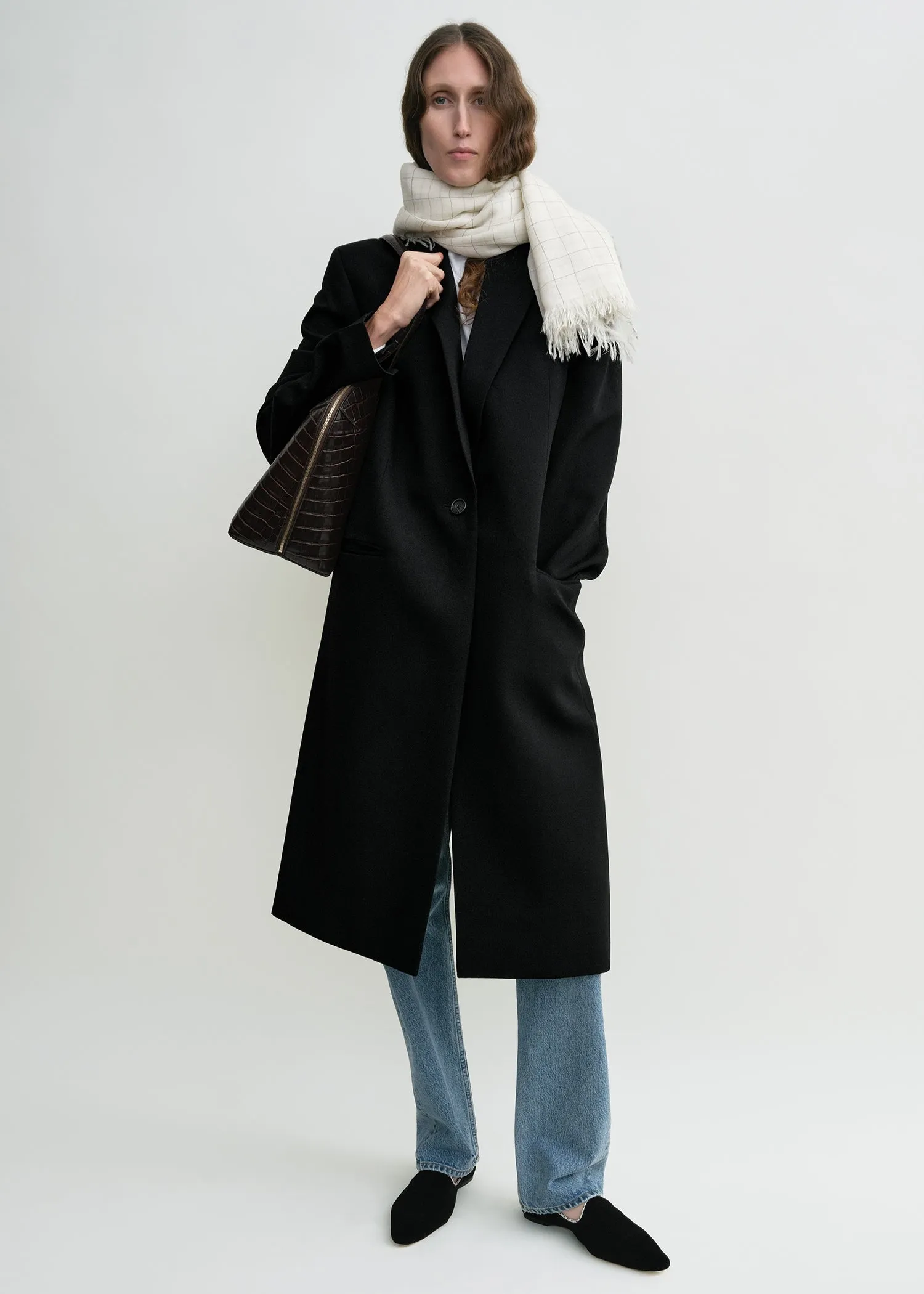 Checked light wool scarf ecru/black