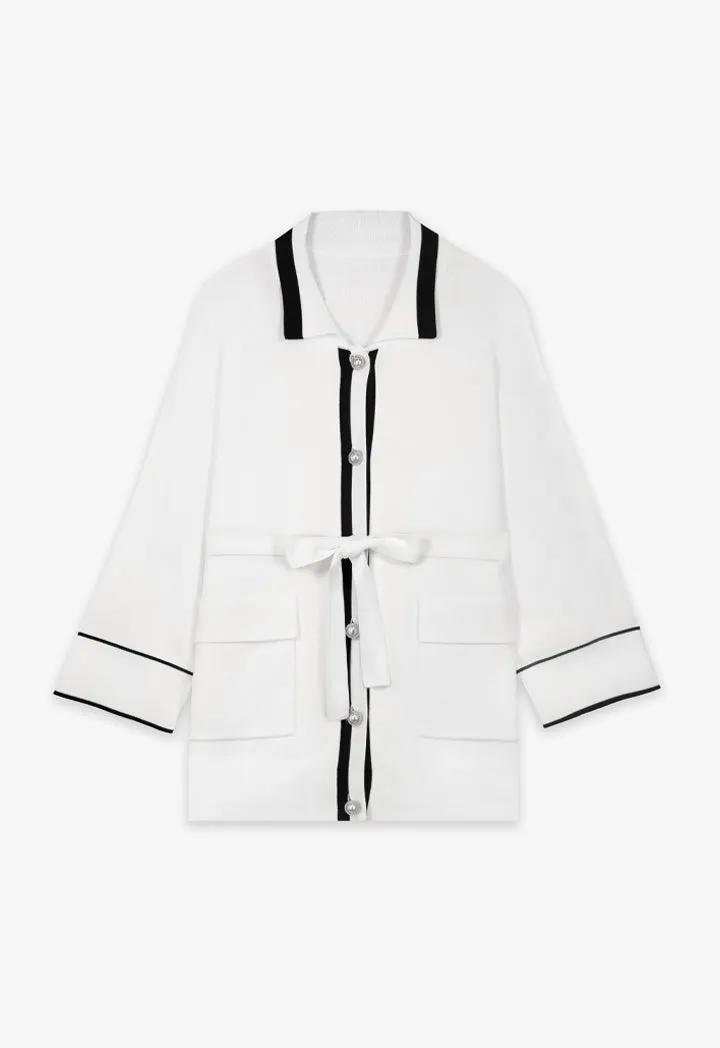 Choice Contrast Knitted Belted Cardigan Off White