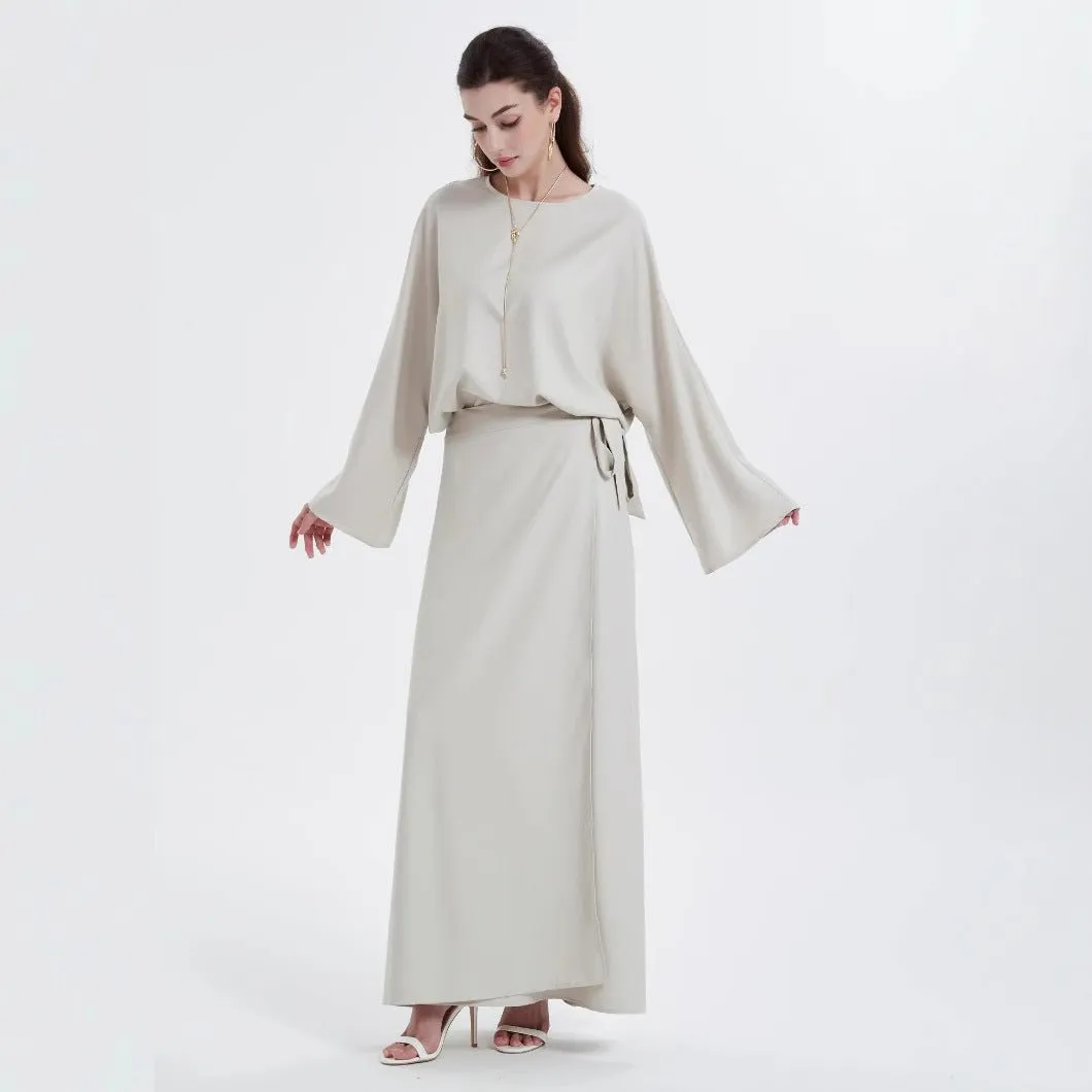 Cotton Linen Loose Top With Tie Split Half-body Long Skirt (MA116)