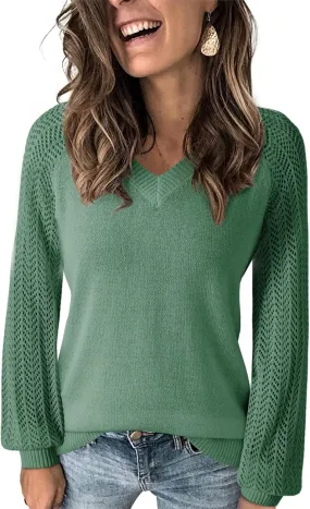 Dokotoo Women's Casual V-Neck Long Sleeve Sweaters Solid Color Pullover Knit Sweater Jumper Tops