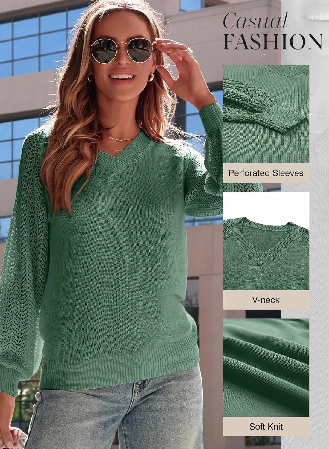 Dokotoo Women's Casual V-Neck Long Sleeve Sweaters Solid Color Pullover Knit Sweater Jumper Tops