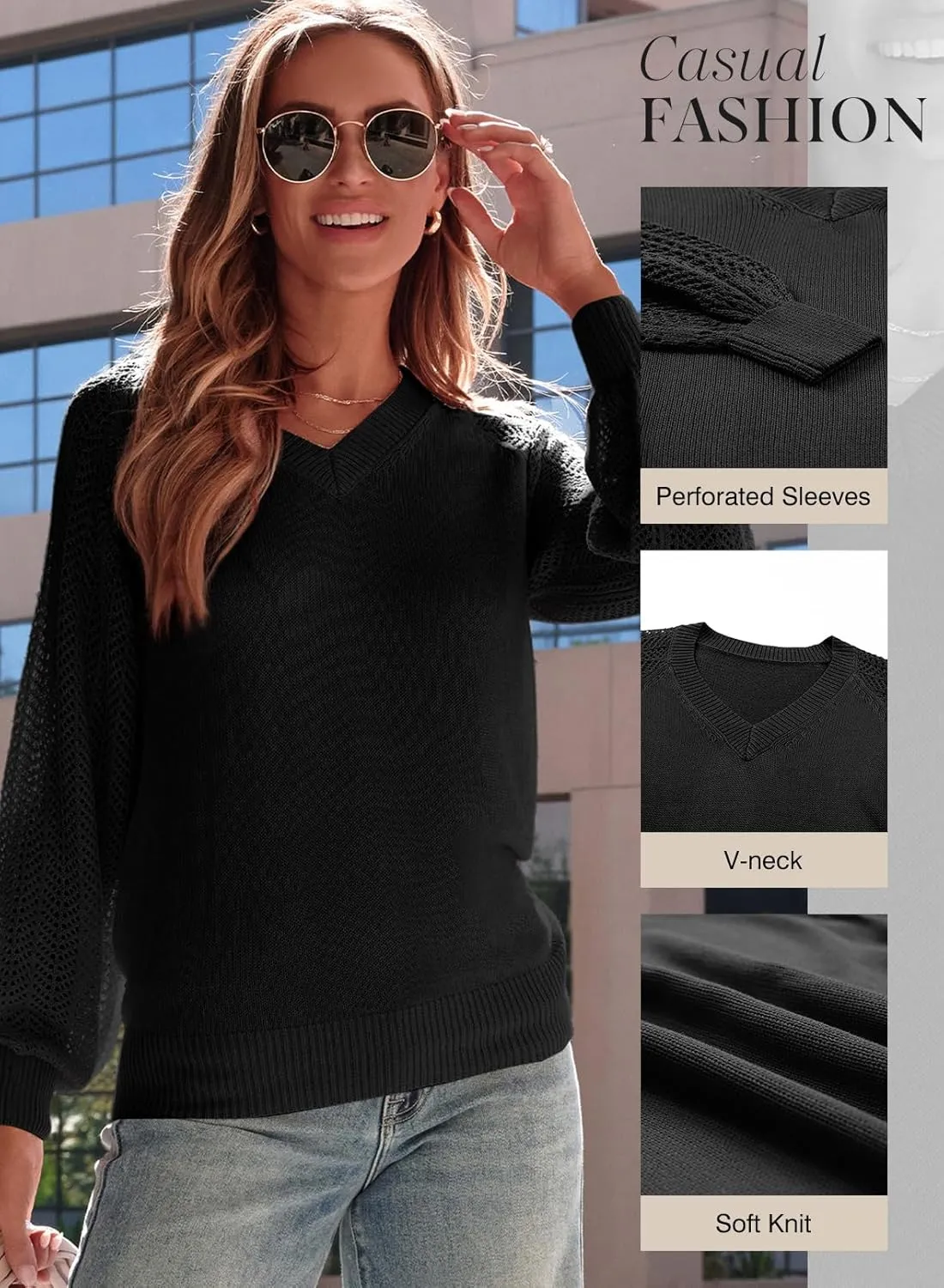 Dokotoo Women's Casual V-Neck Long Sleeve Sweaters Solid Color Pullover Knit Sweater Jumper Tops