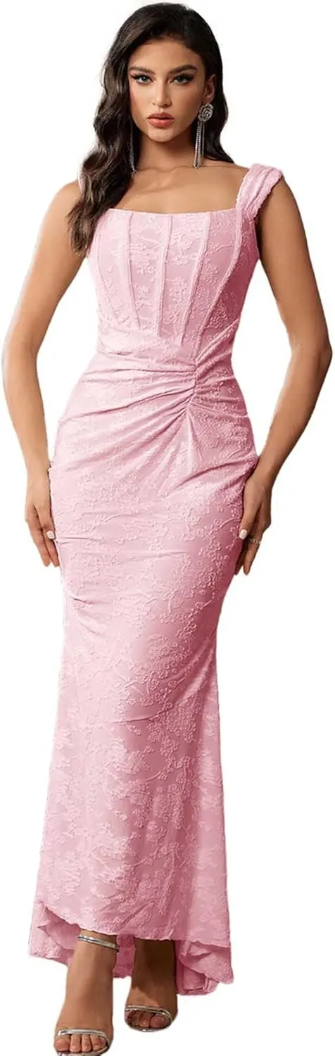 Elegant Pink Lace Bodycon Fishtail Dress Wedding Guest Dress Fishbone Dress Shoulder Strap Ruched Midi Dress for Women,M