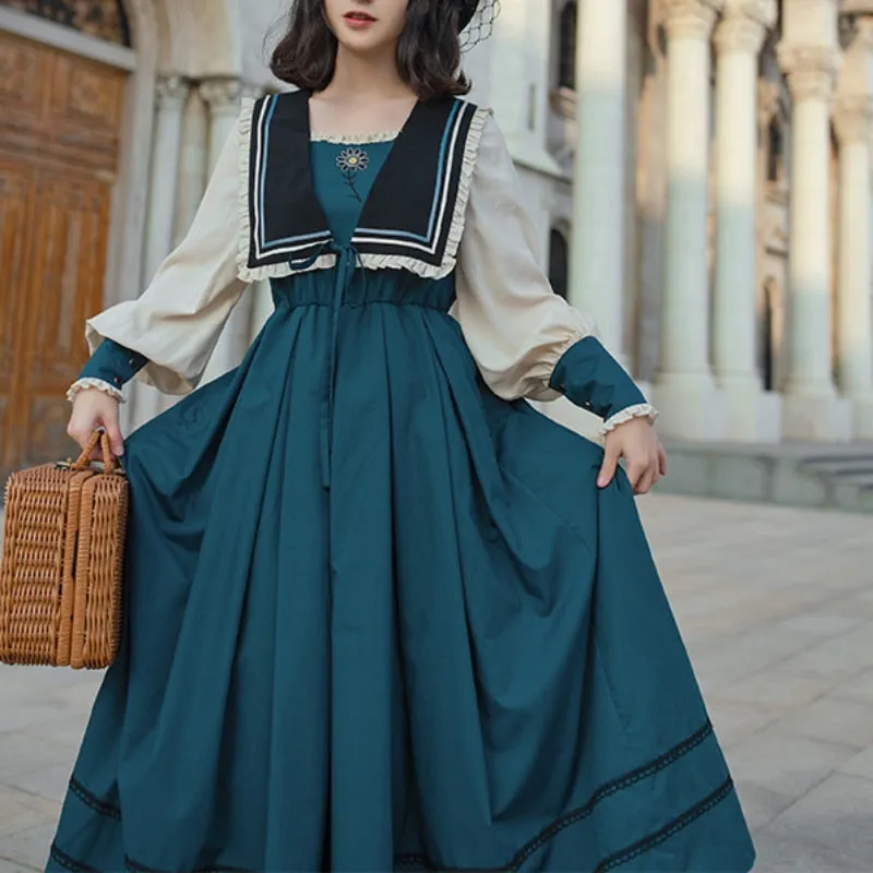 Elegant Vintage Navy Collar Dress