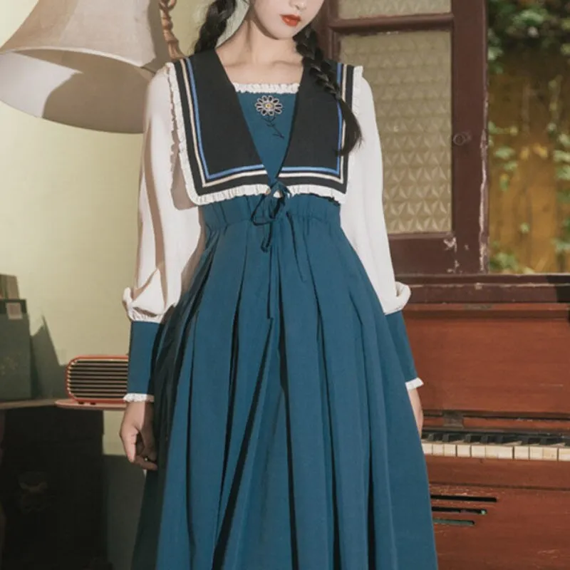 Elegant Vintage Navy Collar Dress