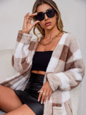 Elisabeth Women's New Casual Plush Plaid Pocket Long Sleeve Cardigan Jacket