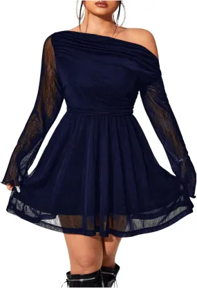 Floerns Women's Plus Size Asymmetrical Neck Mesh Short Dress Long Sleeve Flare Hem Dresses