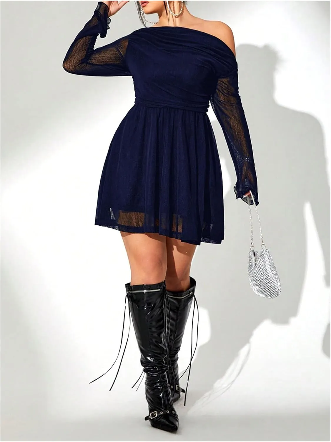 Floerns Women's Plus Size Asymmetrical Neck Mesh Short Dress Long Sleeve Flare Hem Dresses