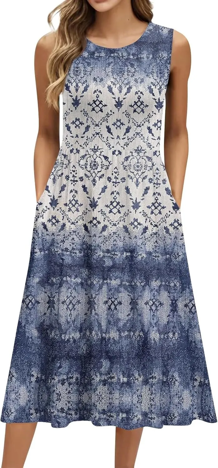 Floral Dress for Women 2025 Elegant Casual A Line Flowy Crew Neck Sleeveless Sundresses Elegant Lightweight Dress with Pocket
