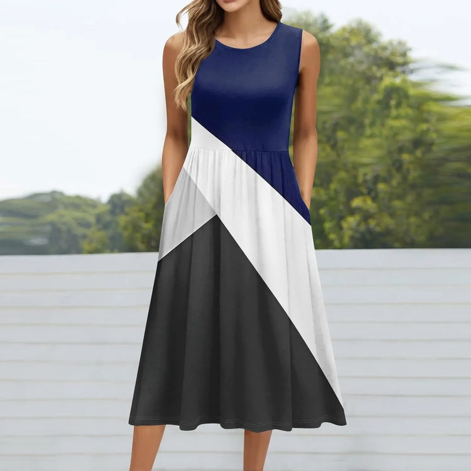 Floral Dress for Women 2025 Elegant Casual A Line Flowy Crew Neck Sleeveless Sundresses Elegant Lightweight Dress with Pocket