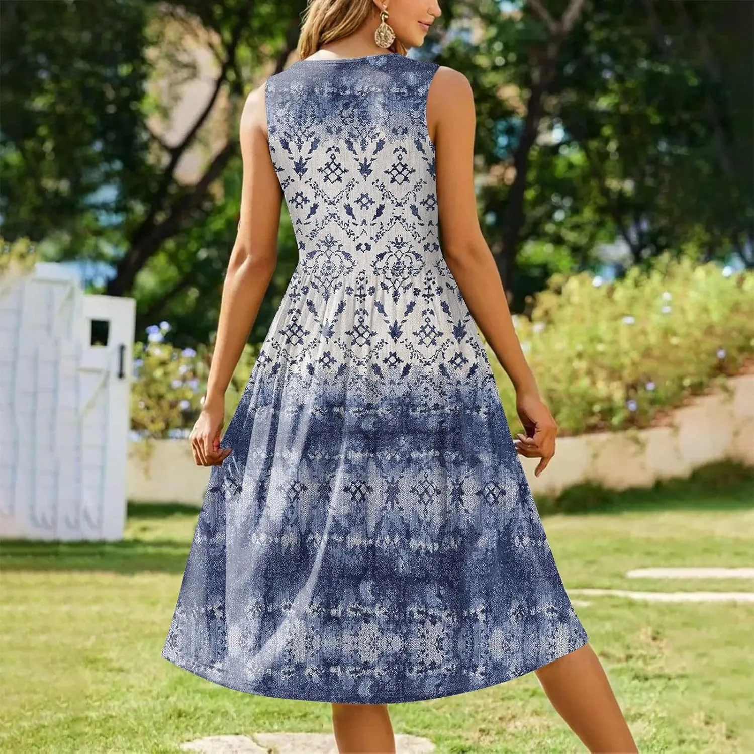 Floral Dress for Women 2025 Elegant Casual A Line Flowy Crew Neck Sleeveless Sundresses Elegant Lightweight Dress with Pocket