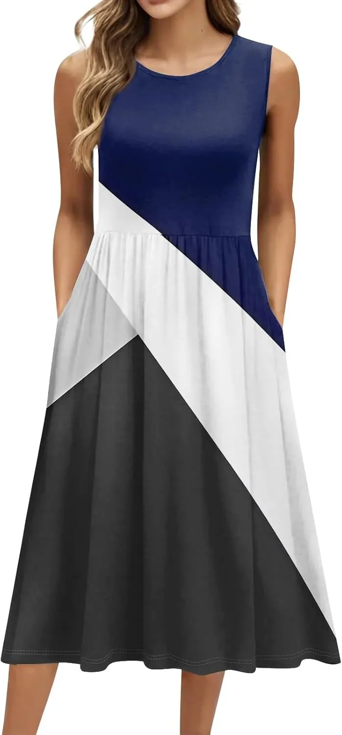 Floral Dress for Women 2025 Elegant Casual A Line Flowy Crew Neck Sleeveless Sundresses Elegant Lightweight Dress with Pocket