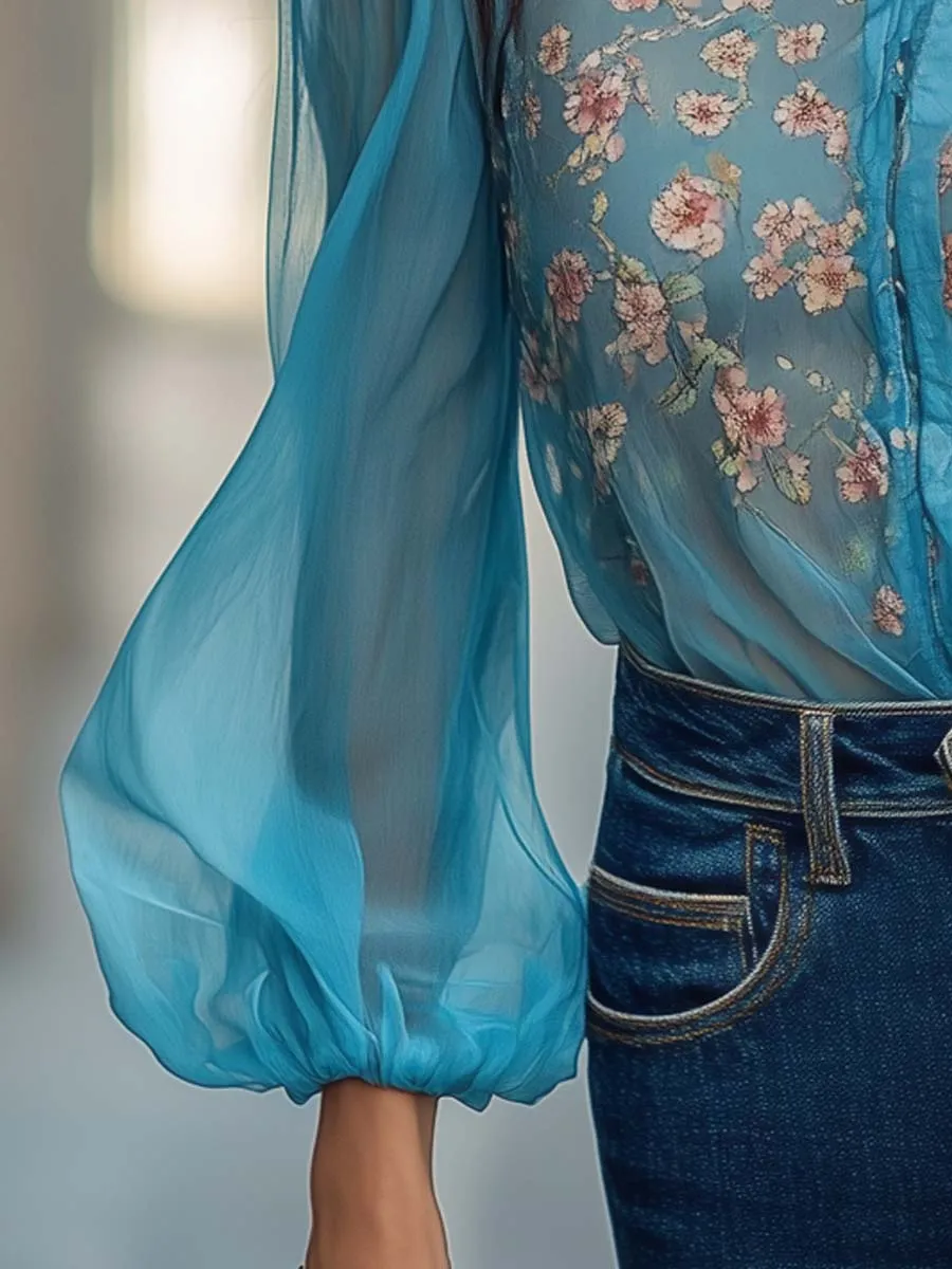 Floral Printed Blue Chiffon Shirt
