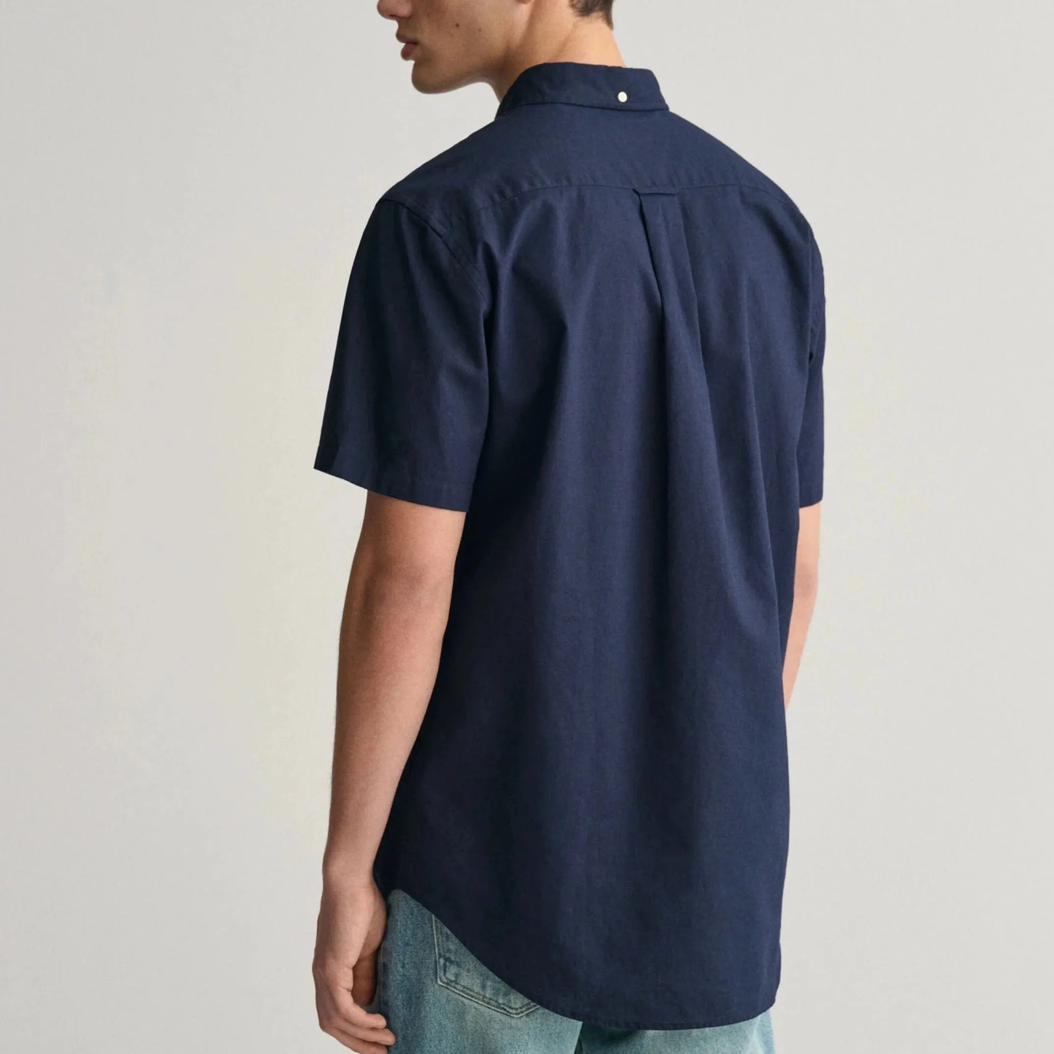 GANT Regular Fit Cotton Linen Short Sleeve Shirt in Evening Blue