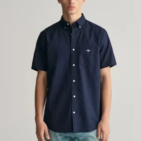 GANT Regular Fit Cotton Linen Short Sleeve Shirt in Evening Blue