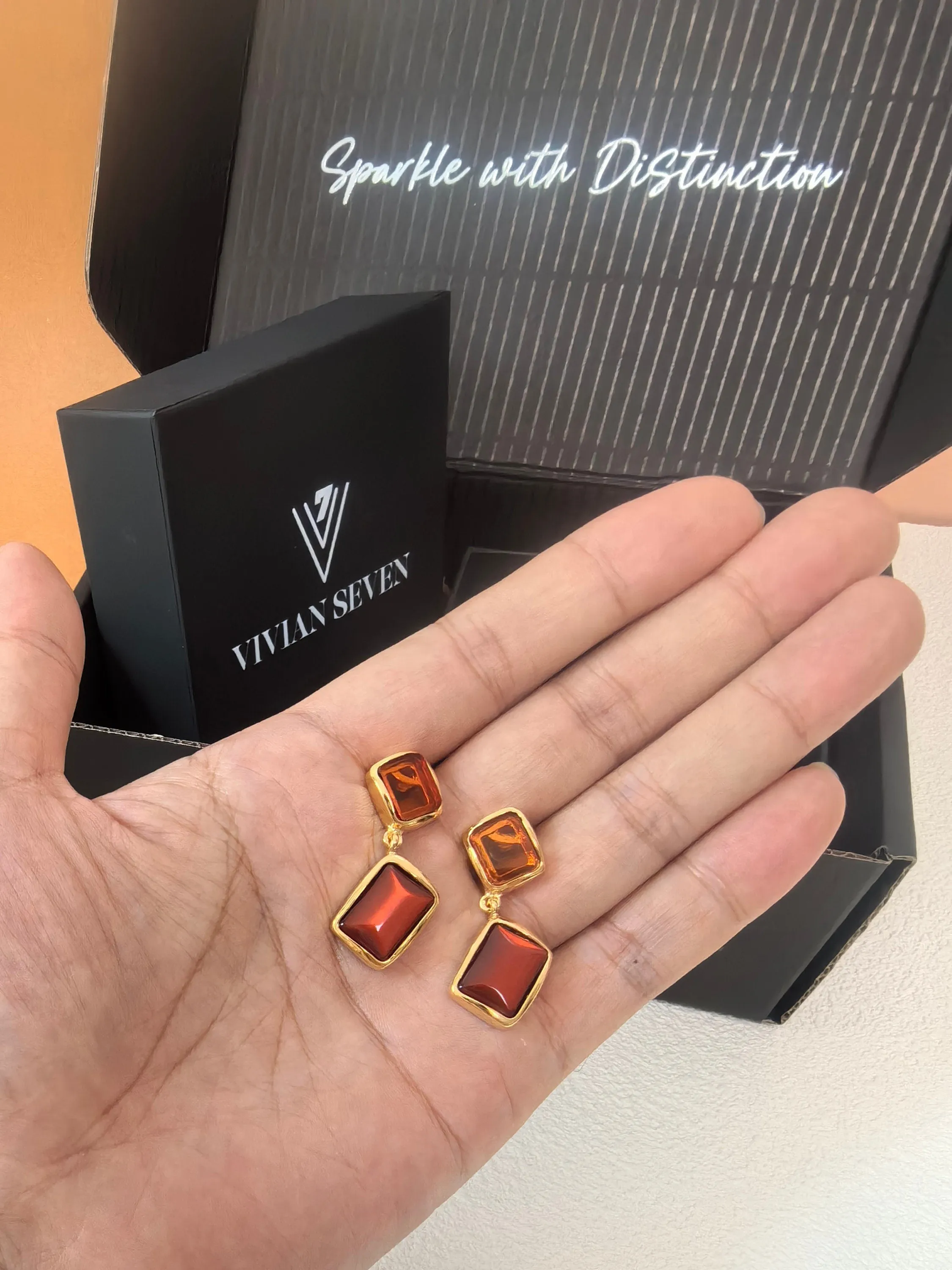 Geometric Brown Resin Square Drop Earrings