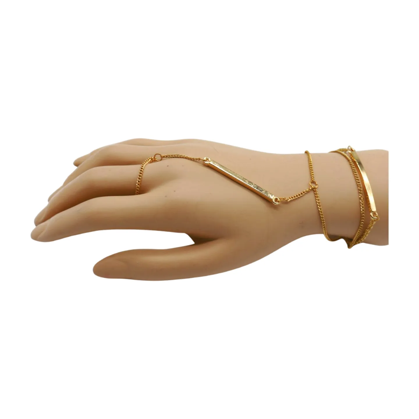 Gold Metal Hand Chain Bracelet Long Plate Connected Ring One Size