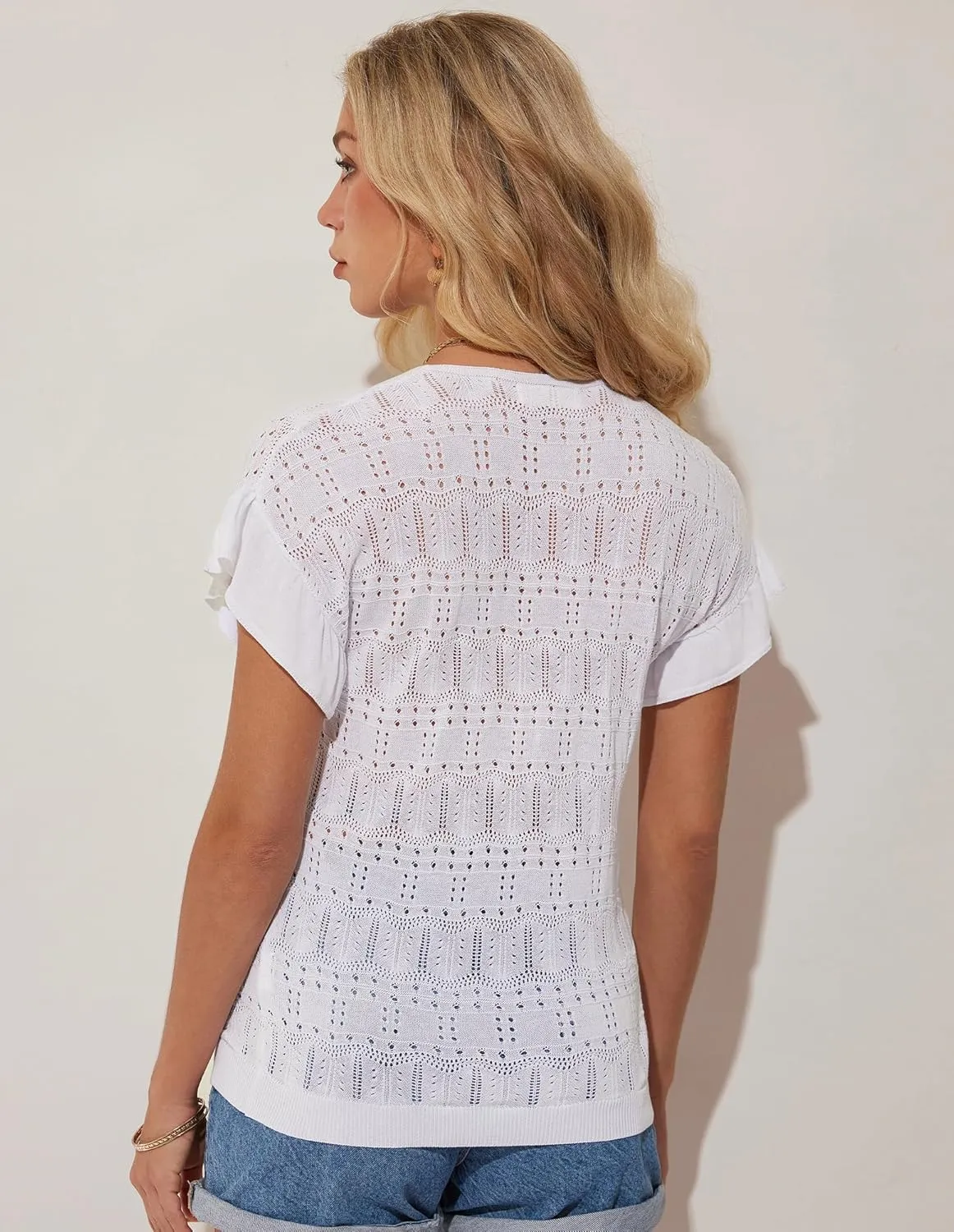 GRACE KARIN Women Hollow Out Crochet Knit V-Neck Sweater Ruffle Short Sleeve Casual Loose Fit Lightweight Summer Top