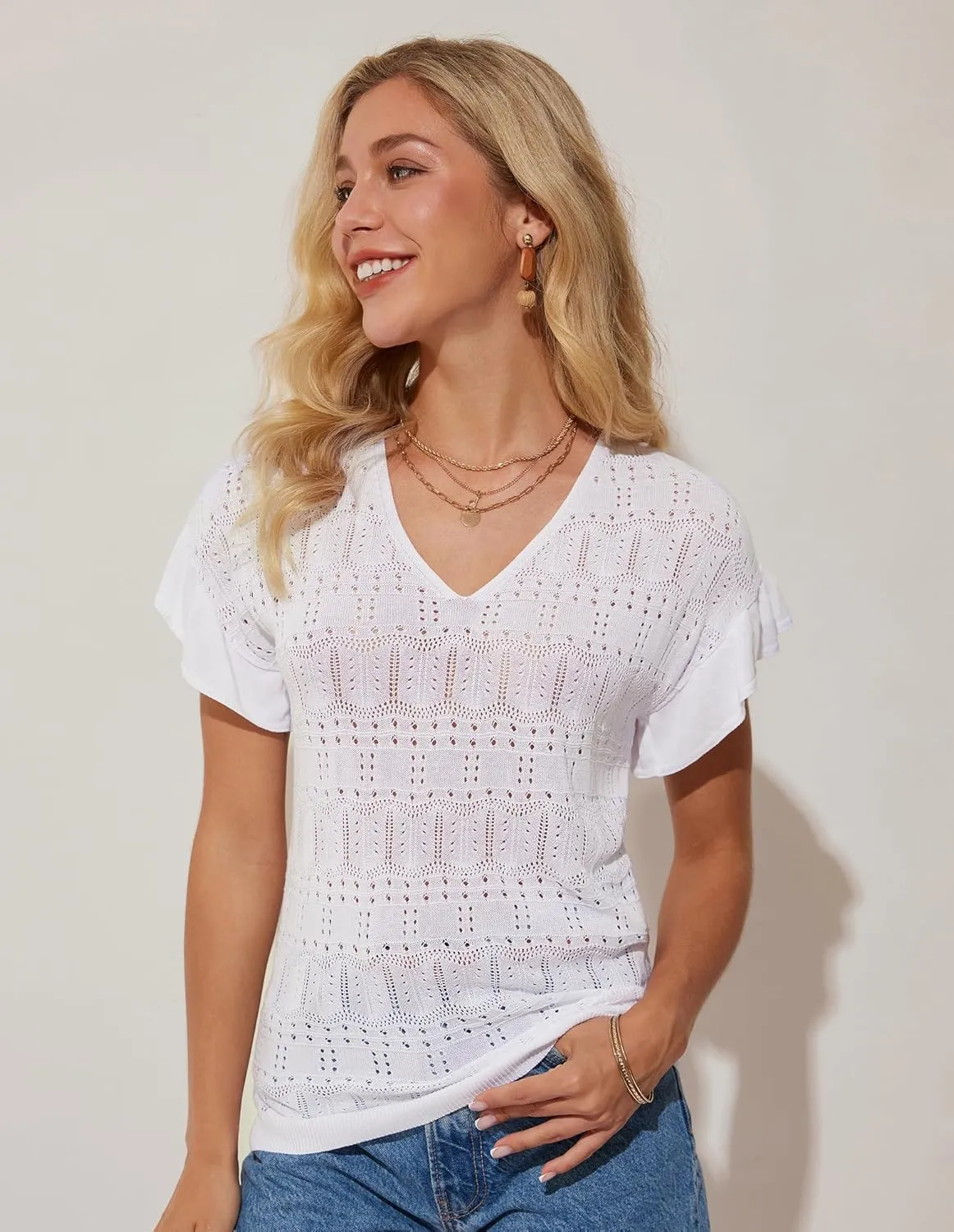 GRACE KARIN Women Hollow Out Crochet Knit V-Neck Sweater Ruffle Short Sleeve Casual Loose Fit Lightweight Summer Top