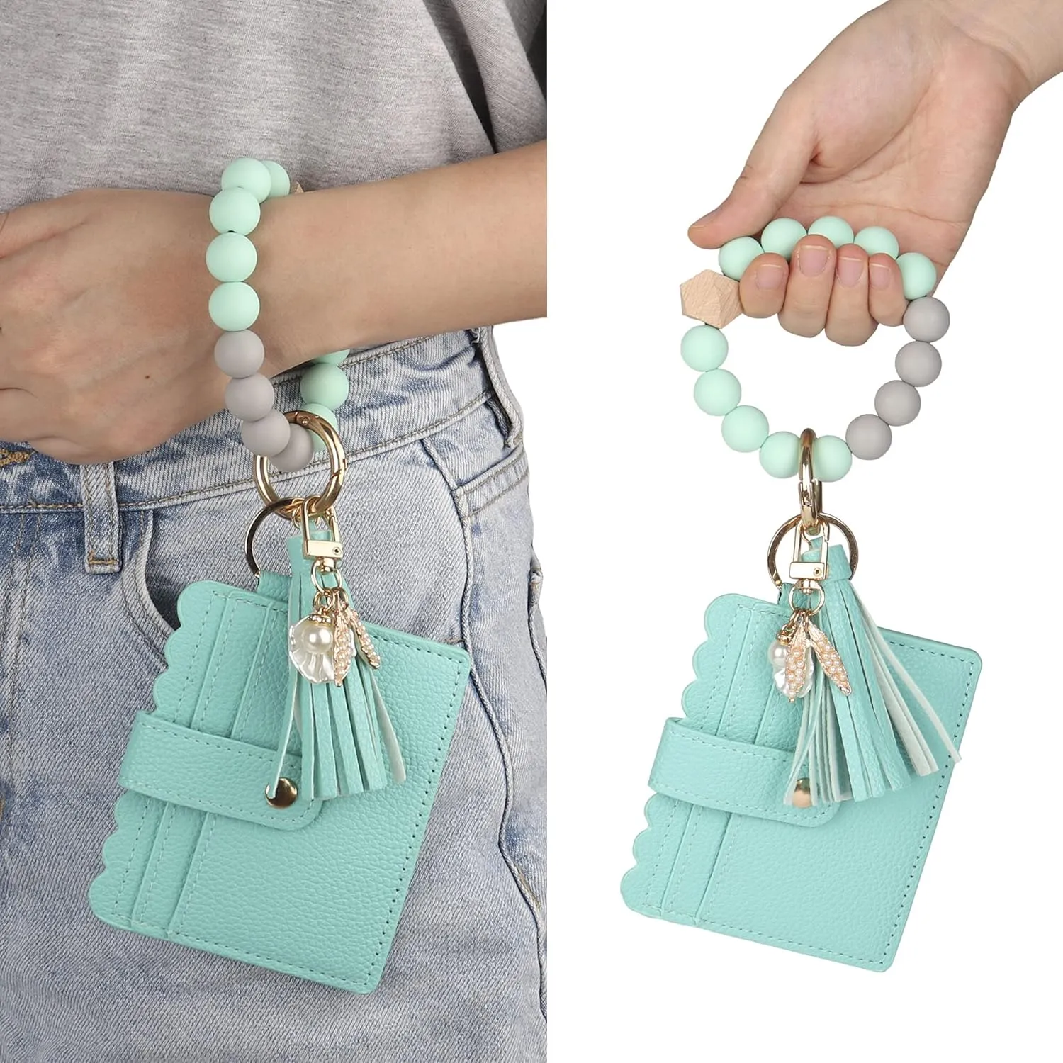 Guran Wristlet Wallet Bracelet Keychain,Card Holder Purse Tassel Keychain Bangle Key Ring for Women