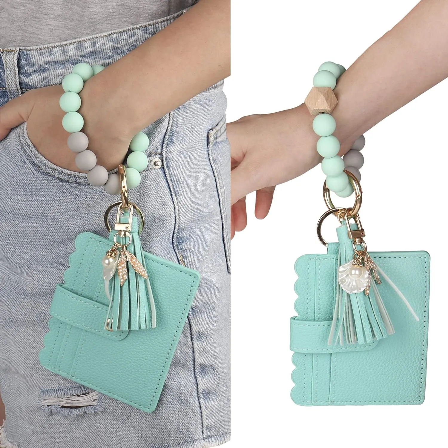 Guran Wristlet Wallet Bracelet Keychain,Card Holder Purse Tassel Keychain Bangle Key Ring for Women