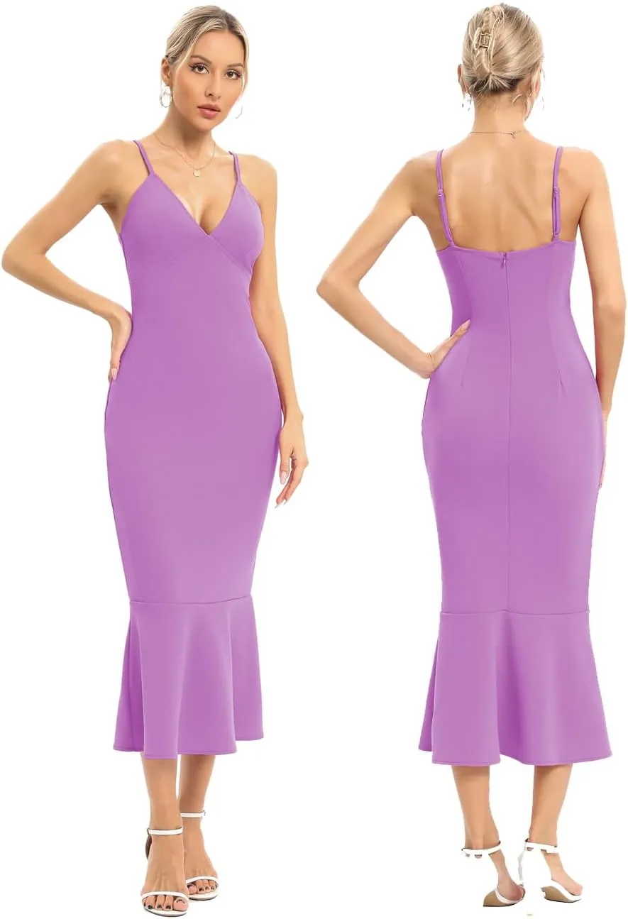 JLCNCUE Women's Spaghetti Straps V Neck Bodycon Mermaid Dress Elegant Ruffles Midi Dress Cocktail Evening Party Dress 325