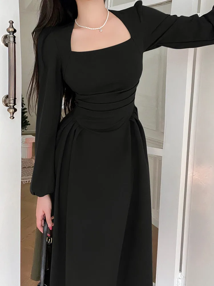 Joskka Folds Puff Sleeve Corsets Women Midi Dress Elegant Bodycon Autumn Elegant Party Casual Lady Long Dress Streetwear