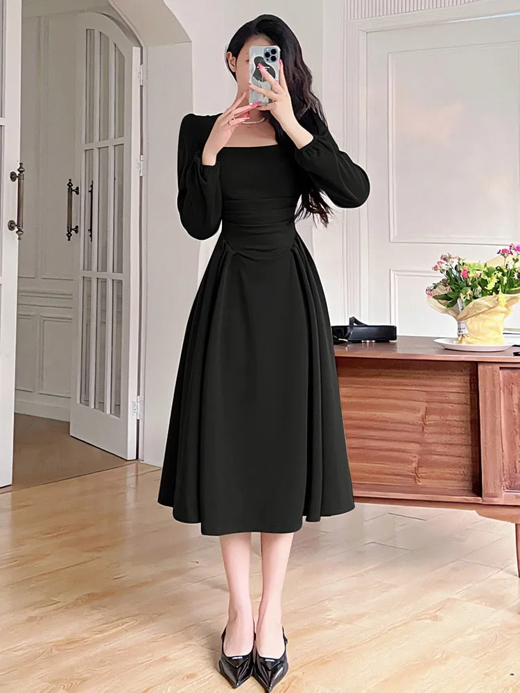 Joskka Folds Puff Sleeve Corsets Women Midi Dress Elegant Bodycon Autumn Elegant Party Casual Lady Long Dress Streetwear