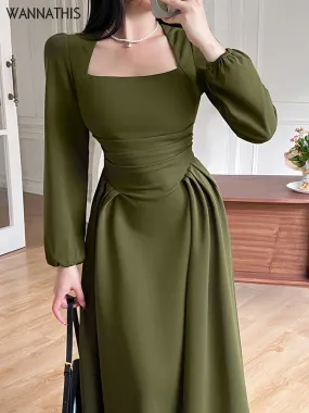Joskka Folds Puff Sleeve Corsets Women Midi Dress Elegant Bodycon Autumn Elegant Party Casual Lady Long Dress Streetwear