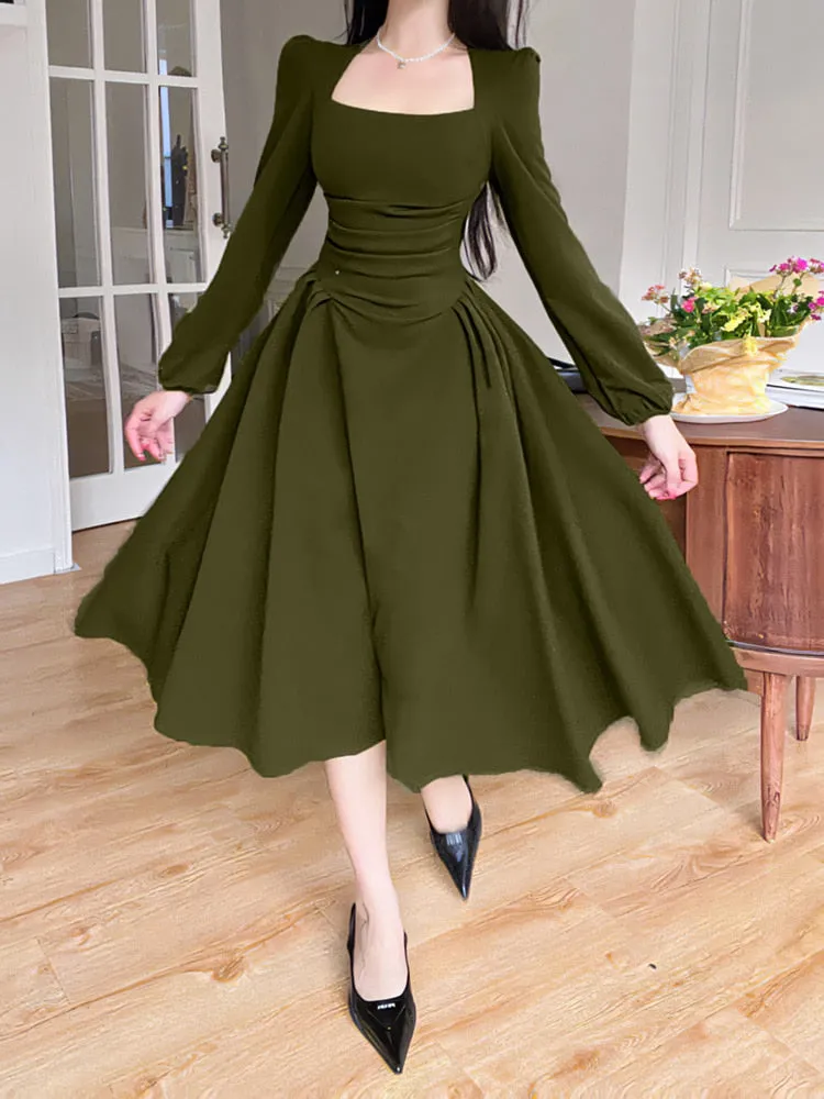 Joskka Folds Puff Sleeve Corsets Women Midi Dress Elegant Bodycon Autumn Elegant Party Casual Lady Long Dress Streetwear
