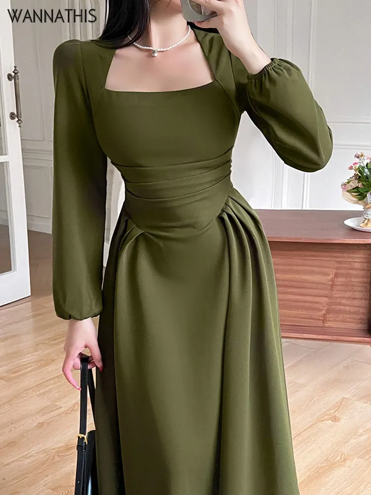 Joskka Folds Puff Sleeve Corsets Women Midi Dress Elegant Bodycon Autumn Elegant Party Casual Lady Long Dress Streetwear